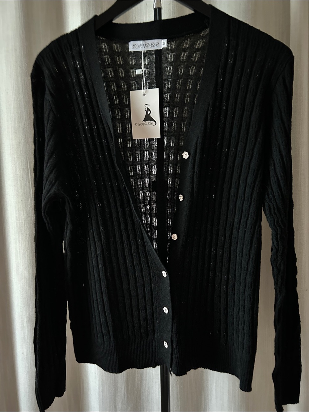 Black Ribbed Button-Front Cardigan